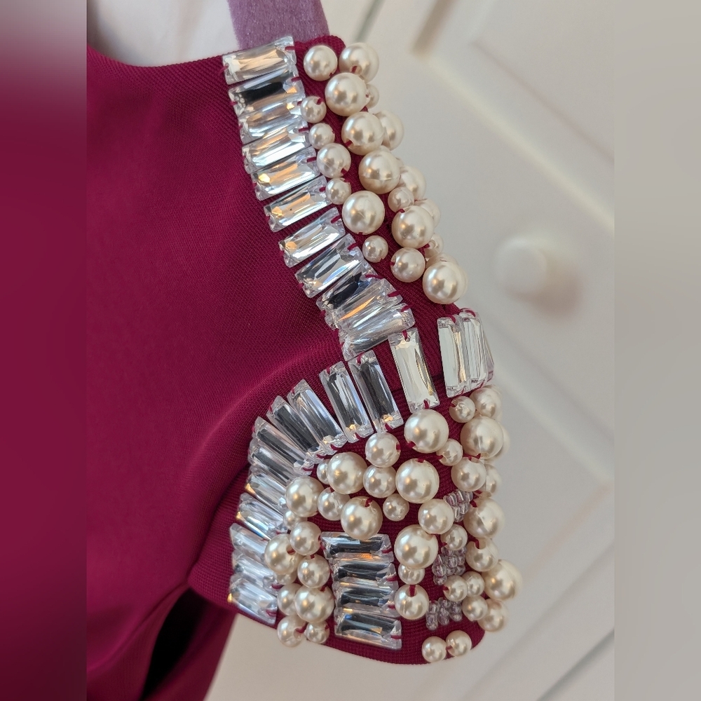 Ya Los Angeles Cranberry Colored Dress with Jewel Details On Cap Sleeves